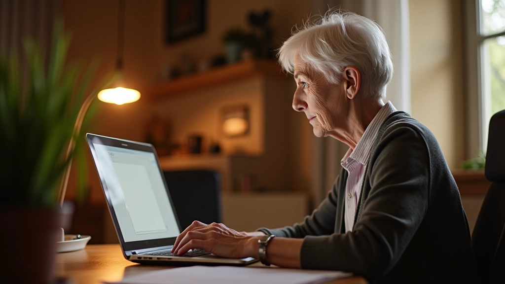 Senioro moters rankos prie laptopo, žiūri į ekraną su Facebook žinotuvu, šilta namų aplinka